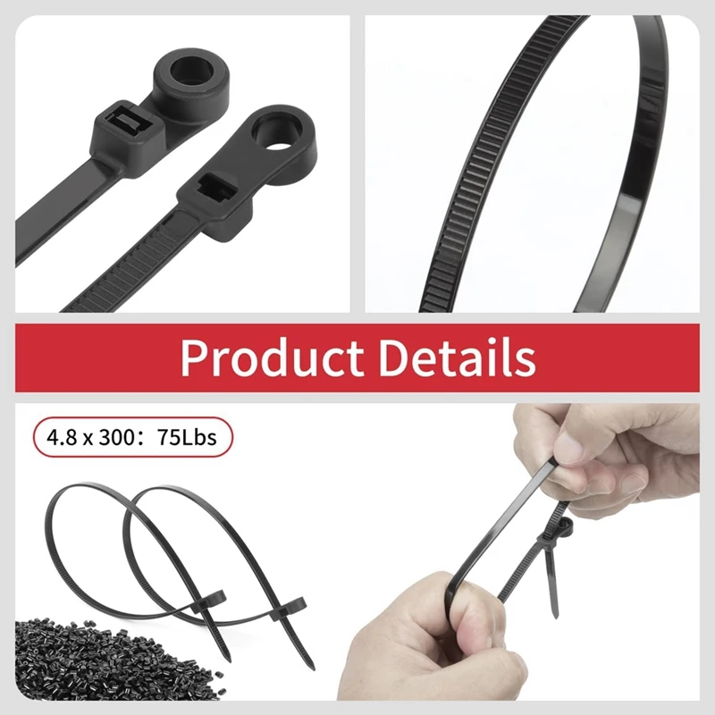 A7QHO-12 Inch Cable Ties (100 Pack) Zip Ties With Screw Mounting Hole 120 Lb Strength + 100 Screws For Wire Management