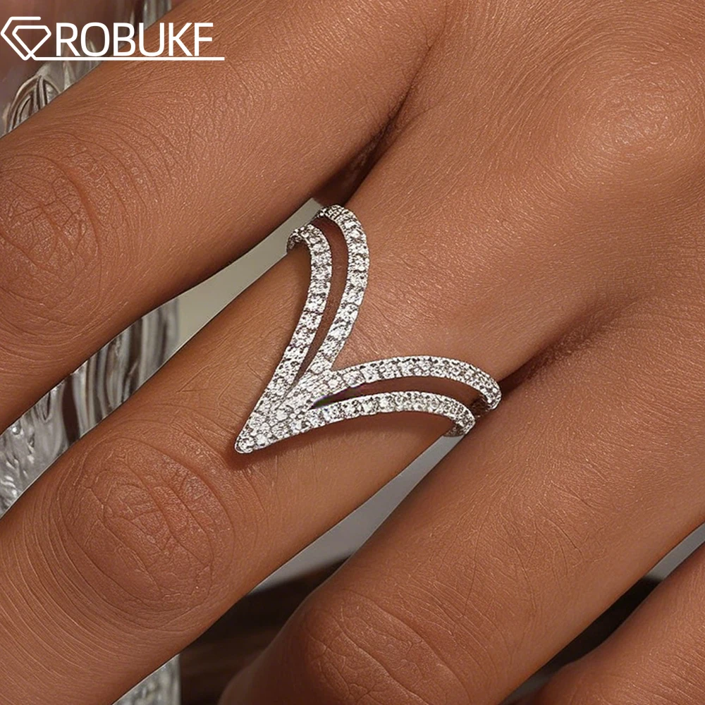 

V-Shape Full Moissanite Ring for Women 925 Sterling Silver Double Layer Hollow Out Daily Wear Party Wedding Band Jewelry Gifts