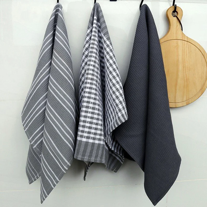 Set of 3 Kitchen Towels Highly Absorbent 100% Cotton Dishcloths 45x60cm Trendy Stripes Gray White Bar Towels & Tea Towels TJ8131