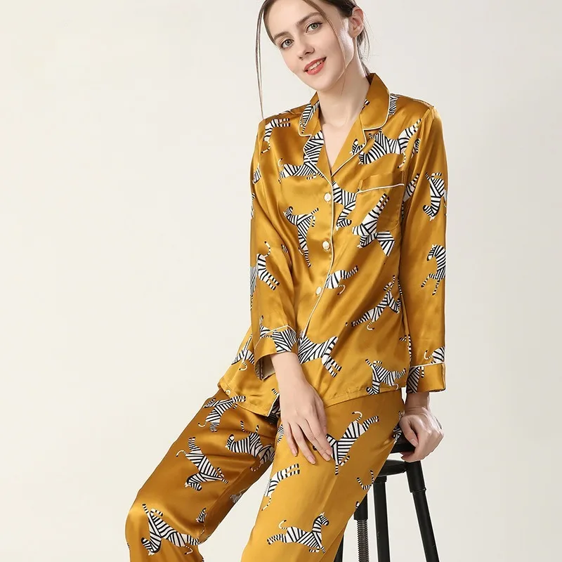 

New Printed Heavy Silk Pajamas Women 19mm Mulberry Silk Long Sleeved Long Pants Loungewear Set Soft Button Turn Down Collar XXL