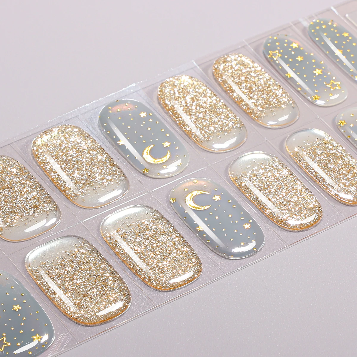 16Tips Sparkling Semi Cured Gel Nail Strips Starry Sky Long Lasting Self-Adhesive Gel Nail Wraps Full Cover UV Nail Sticker