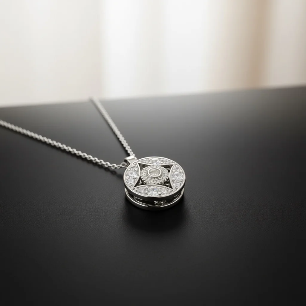 Glam Silver Tone Double Layer Round Full Paved Zircon Copper Pendant Necklace for Ladies, Jewelry for Wedding Banquet Gifts