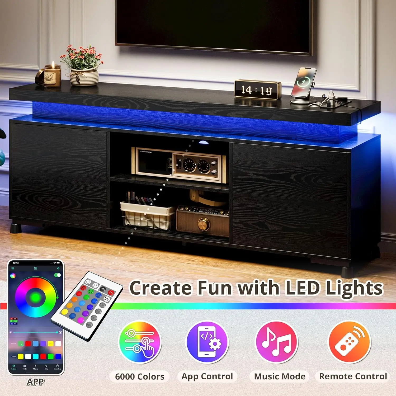 Suportes de TV para TVs 65 + polegadas com tomada de energia de luzes LED, console de TV moderno, centro de entretenimento, armário de armazenamento para sala de estar