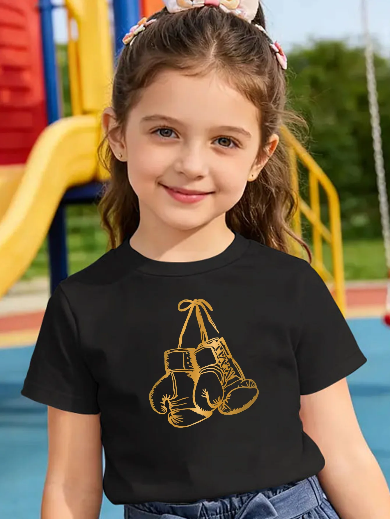 Retro Gold Line Art Hanging Boxing Gloves Athletic Print Kids T Shirt Boys Girls Family Matching Summer Crew Neck Casual Tee