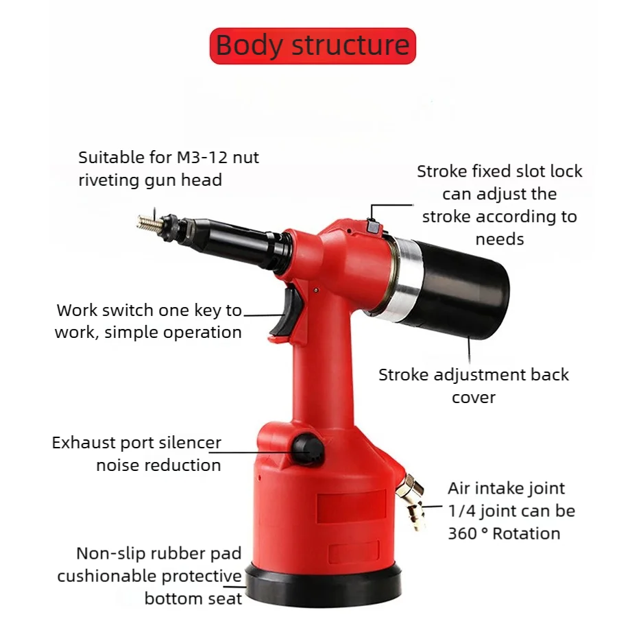 Rosso M3-M12 Rivnut Rivettatura Pneumatica Rivetto Dado Pistola Kit Pneumatico Idraulico Automatico Rivettatrice Strumento Corsa Regolabile Industriale