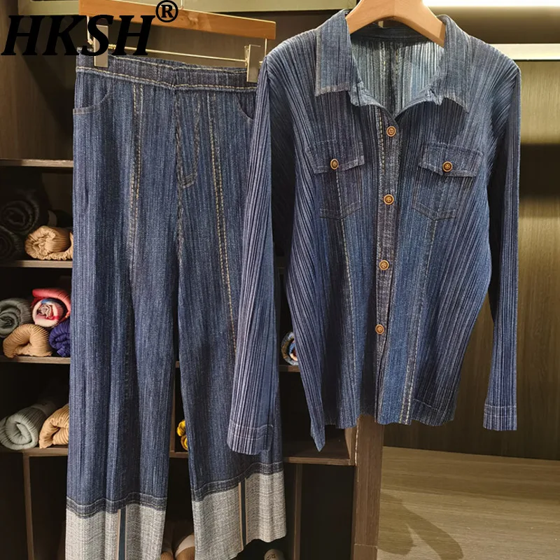 

HKSH 2026 Spring Autumn New Women Two-piece Set Pleated Single Breasted Long Sleeves Shirt Color Block Pants Elegant Y2K HK18854