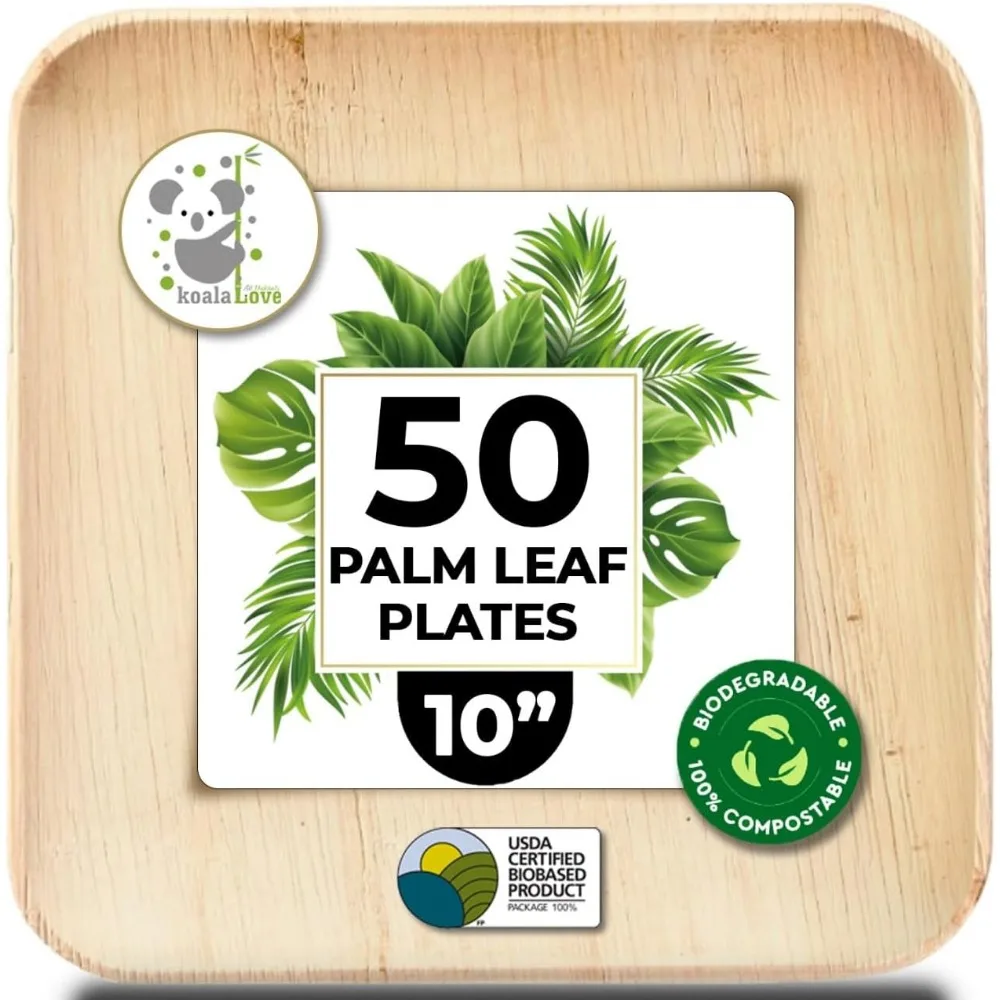 

10 Inch Square Bamboo Palm Leaf Plates, 50 Pack Biodegradable Disposable Dinnerware for Parties Events