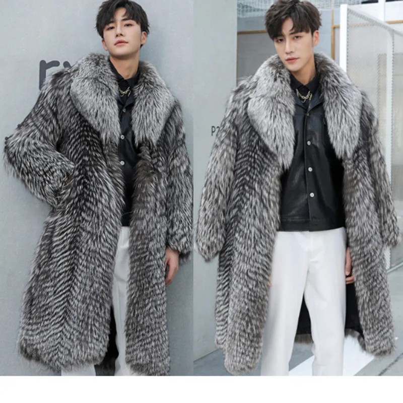 Luxury Men Winter Faux Fur Coat Warm Fox Fur Trench Coat Fluffy High Quality Faux Fur Jacket Simple Casual Design Soft Versatile