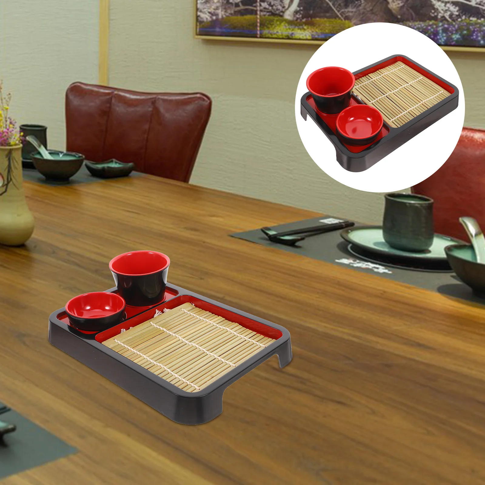 

1 set Cold Noodle Plate Bamboo Tray Japanese Style Melamine Food Plate Dessert Tray Serving Tableware Food for Snacks