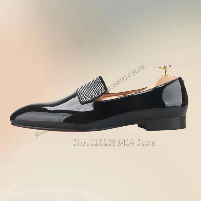 Crystal Decor Black Patent Leather Square Toe Loafers Fashion Slip On Men Shoes Luxurious Handmade Party Office Men Dress Shoes