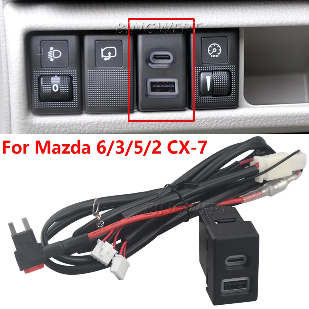 BINGWFPT High Quality 12/24V Car Charger Modified QC3.0 USB TYPE-C Fast Charging Socket Fit For Mazda 6/3/5/2 CX-7