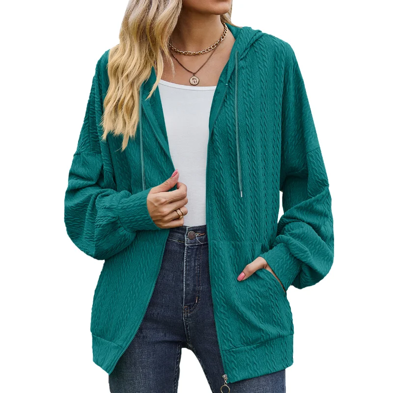 Women Autumn V-neck Zipper Solid Color Long Loose Hoodie Coat