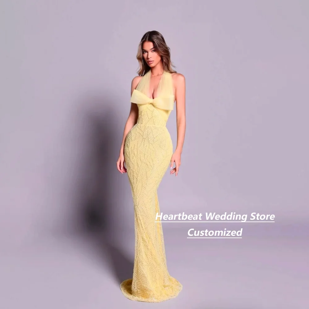 Customized Yellow Bow Beaded Mother Of The Bride Gown Halter Neck Mermaid Sleeveless Backless Floor Length Formal Evening Dress