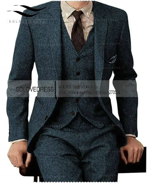 Braun 2022 Herren-Tweed-Hochzeitsanzug mit Fischgrätenmuster, Abschlussball-Smoking, 3-teilig, spitzes Revers, Tweed für den Herbst, schmale