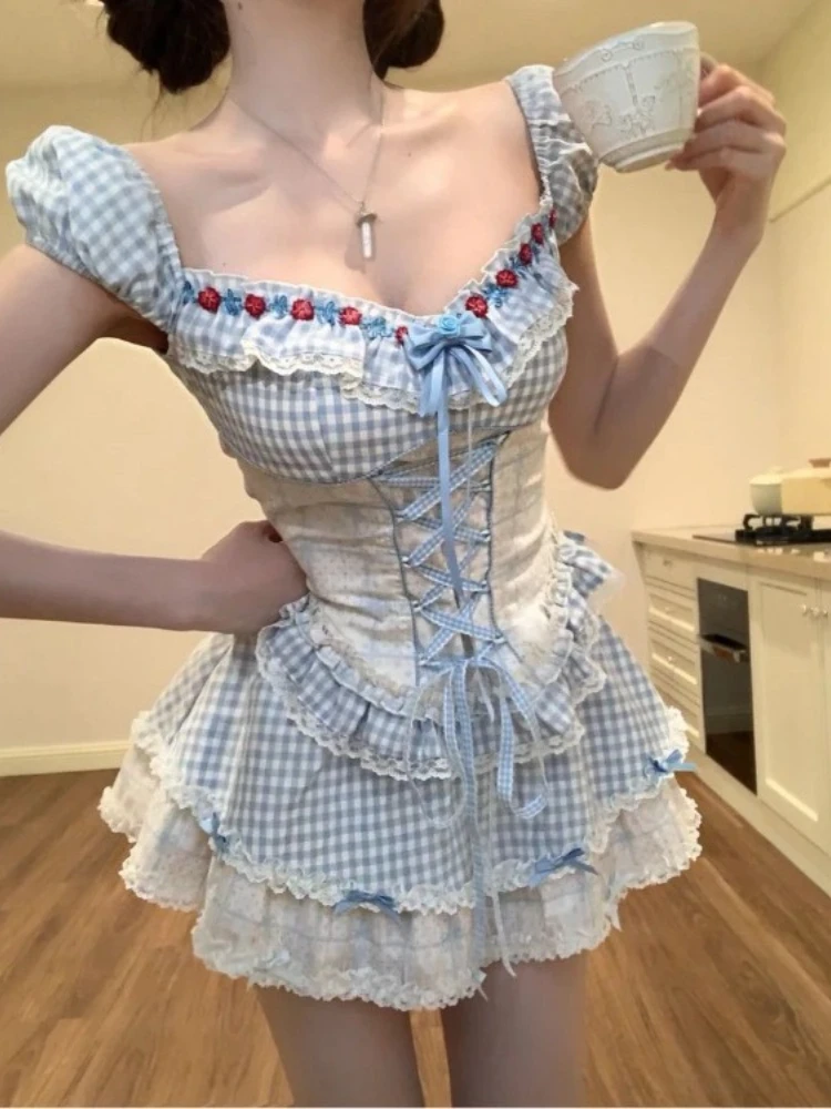 

Y2k Sweet Lace Patchwork Bow Puff Sleeve Plaid Top Women+ Summer High Waist Cake Skirts Two Piece Sets 2025 Fashion New