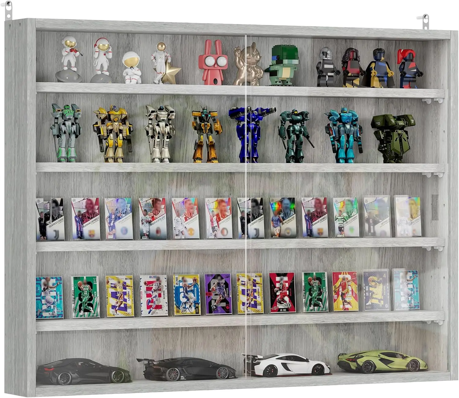 

5-Tier Glass Door Display Cabinet with Adjustable Shelves, Wall-Mounted for Playroom or Bedroom in Gray