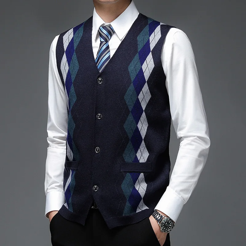 

New Winter Men Color Contrast Diamond Plaid Thickened Vest Fashion V-neck Mens Business Casual Slim-fit Knit Sleeveless Cardigan