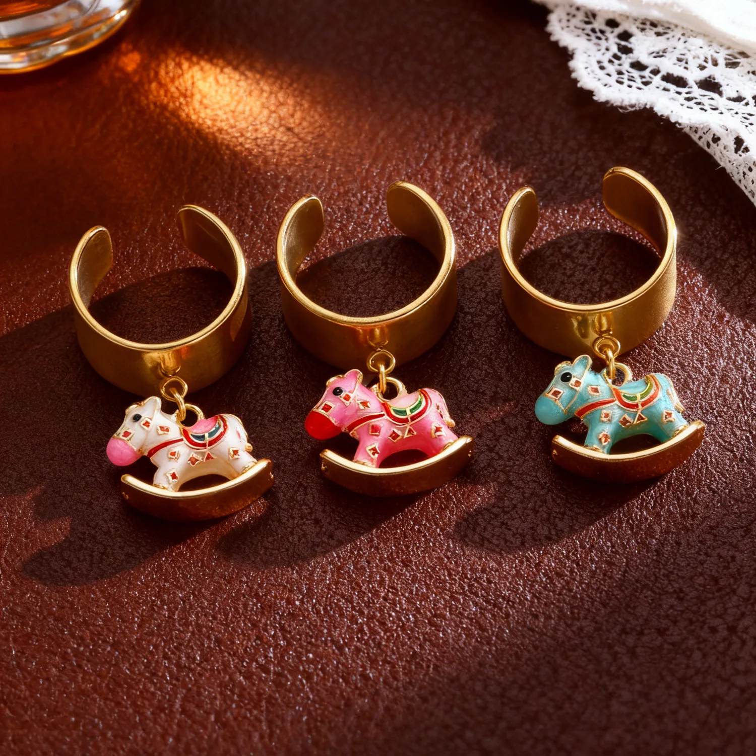 Creative Cartoon Enamel Pony Pendant Wide Stainless Steel Rings for Women Zodiac Horse Open Ring Trendy New Year Chunky Jewelry