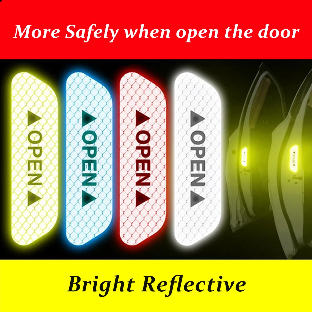 4PCS Car Door Open Reflective Stickers Night Warning Mark Tape Auto Vehicle Luminous Decals Safety Sticker DIY Install Adhesive