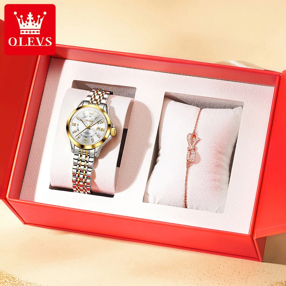 OLEVS Original Luxury Brand Quartz Women's Watch Diamond Scale Double Calendar Waterproof Watch Elegant Set Women's Gift Box