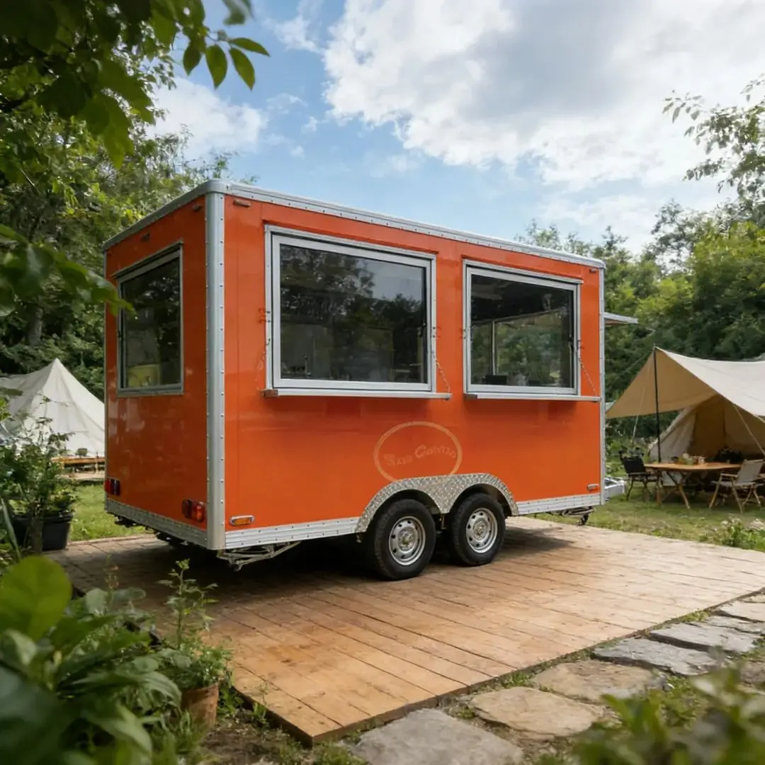 

Commercial Food Trailer Mobile Kitchen 2-Window Orange Catering Cart with Stainless Steel Interior