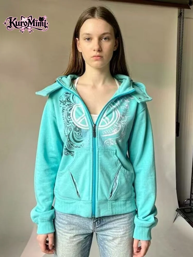 Women Y2K Vintage Zip Up Hoodie Detachable Hood Graphic Print Slim Fit Cropped Sweatshirt Alt Grunge Streetwear Egirl Punk Cool