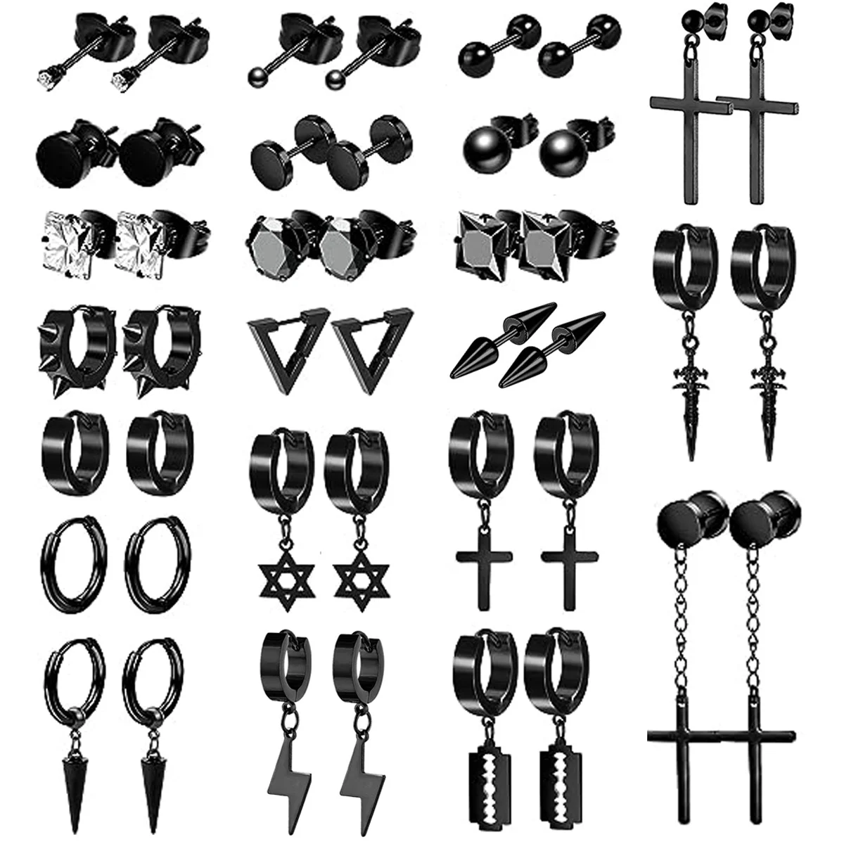 22 piece black men's earring set stainless steel small hug circle earrings cross studs and earrings, fashionable pierced jewelry