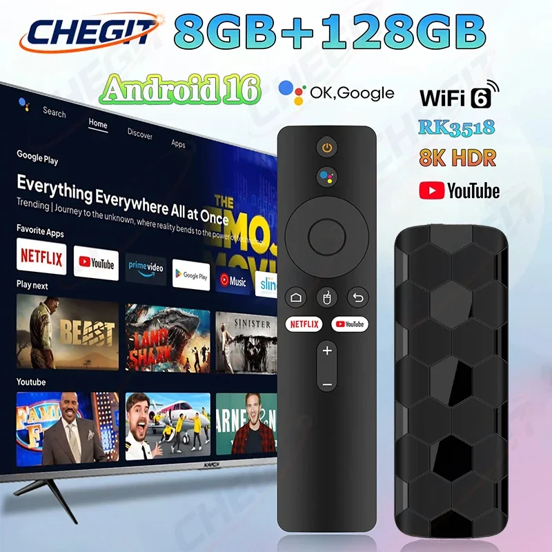 

Android 16 R3+ 8K Ultra HD TV Stick с двойным интерфейсом, двойным Wi-Fi 2.4G/5.8G, 8 ГБ+128 ГБ, RK3518 Quad Core, медиаплеер для домашнего кинотеатра