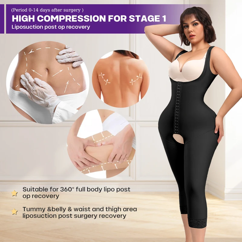 Compression Tummy Control Full Body Shaper Women Lipo Post Op Recovery Hip Enhancer Open Crotch Shapewear Bodysuit Faja Stage 1