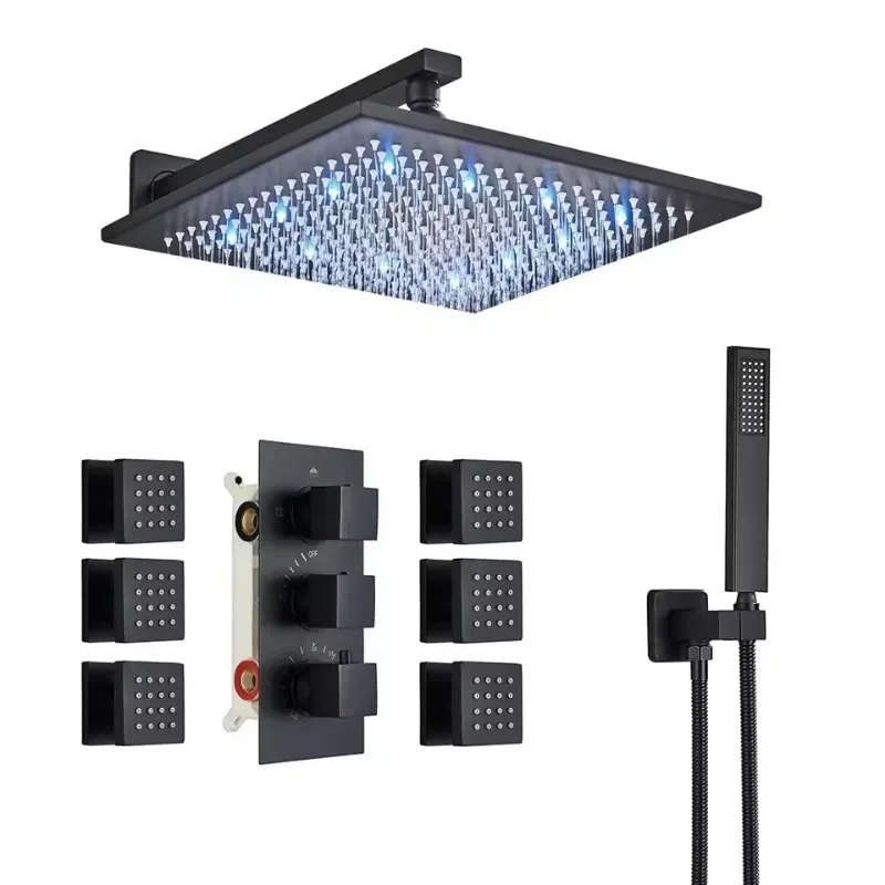 

Matte Black Light Emitting Diode Light Shower Faucet Thermostatic Shower Ensuite Bathroom Concealed Shower Mixer