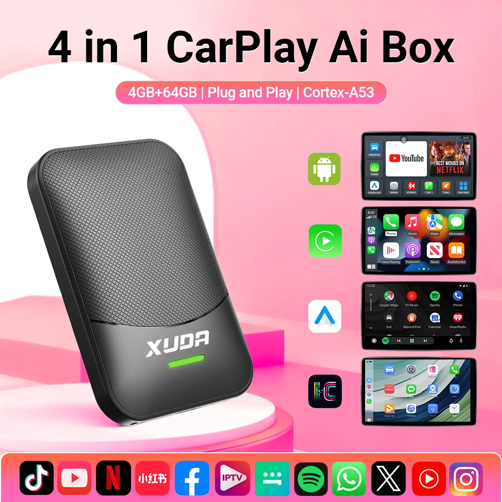 

4в1 Carplay Smart Ai Box Hicar Android Auto Беспроводной адаптер Carplay Carplay Автомобильный мультимедийный плеер Auto Connect для YouTube Net