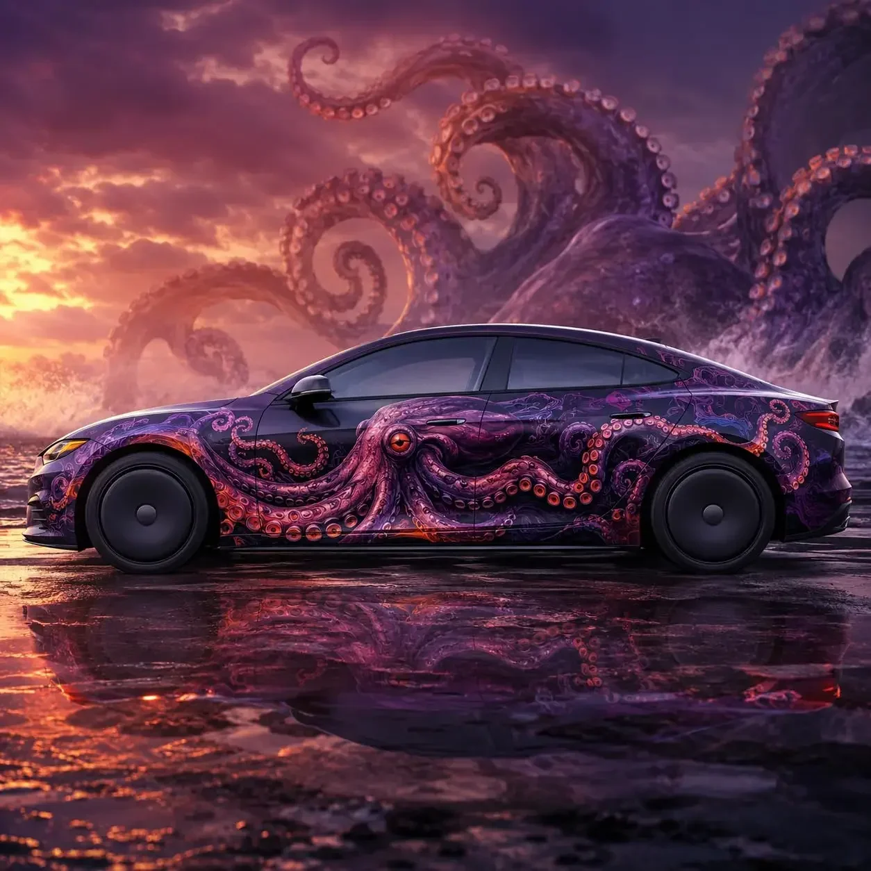 Octopus Car Wrap Vinyl Decal, Purple & Orange Full Body Design