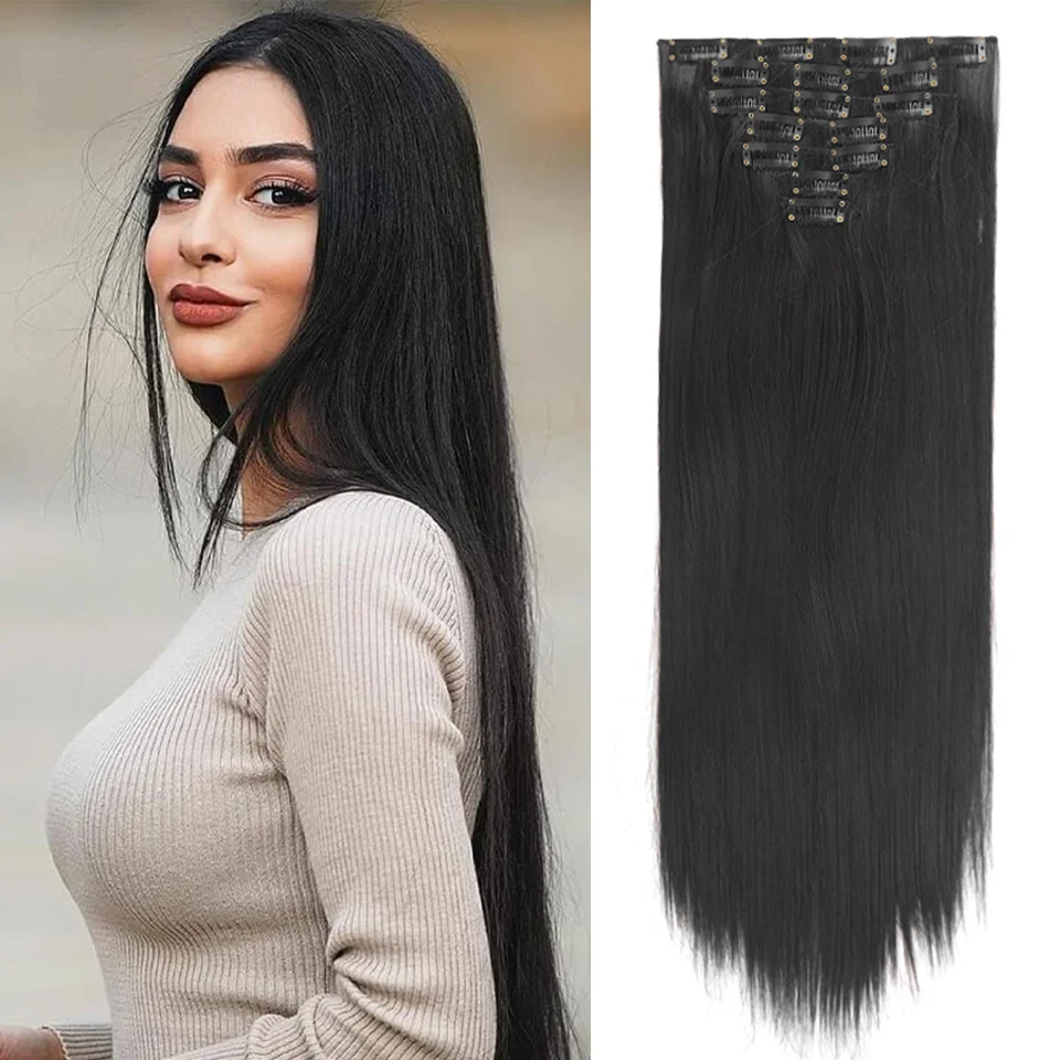 LUPUNatural Black Straight Clip In Hair Extensions 24 Inch 60cm Full Head Clip Ins Hairpieces For Women Daily Wear