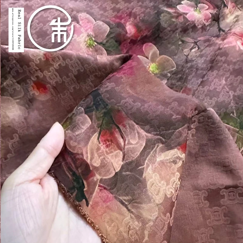 High Quality Reddish Brown Plum Blossom 100% Real Silk Designer Xiangyun Yarn Silk Fabric 30Momme Cheongsam Dress Fabric