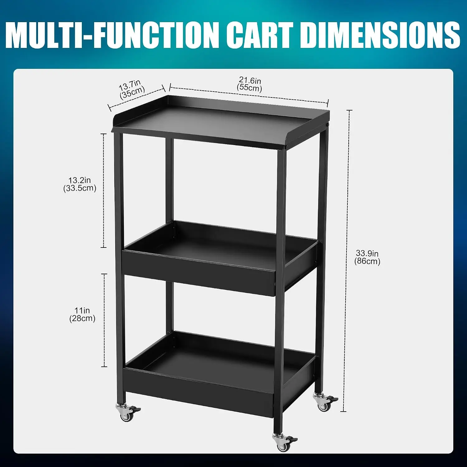 3-Tier Salon Trolley Cart on Wheels，Metal Tattoo Storage Cart | Rolling Utility Organizer Tray for Tattoo Studio, Beauty Salon,