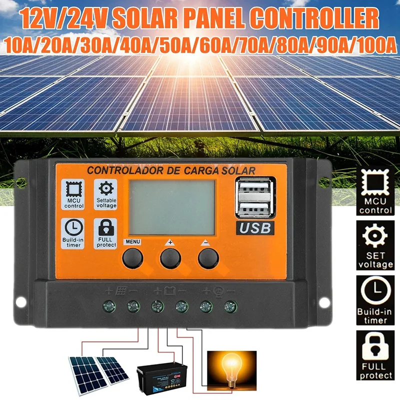 Solar Controller 0-100A 12V/24V Dual USB LCD Solar Panel Charging Orange Controller