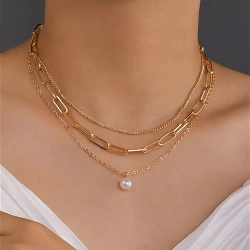 Boho Vintage Fashion Choker Punk Gold-plate Chain Multi-layered Artificial Pearl Pendant Necklace For Women Collar Jewelry Gift