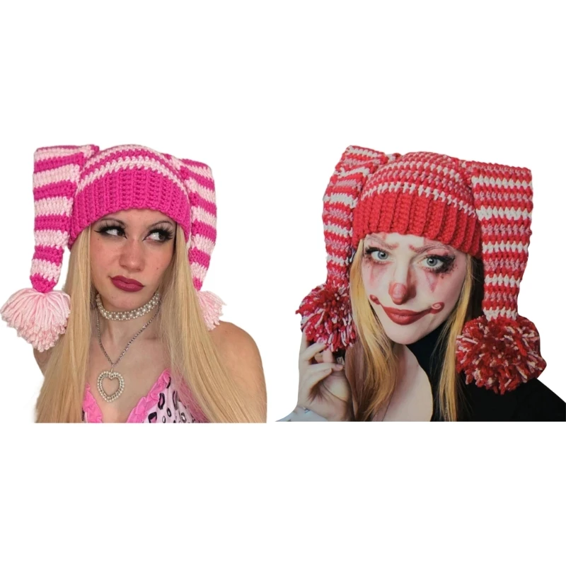 Clown Hat Handmade Headgear for Outdoors Knitted Striped Yarn Large Knitted Ears Winter Beanie Pink Red Dropshipping