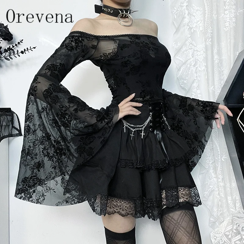 Women's Gothic High-Waist Lace-Up Tiered Mini Skirt | Black Ruffle Lace Skirt with Cross Chains for Y2K Sexy Halloween Party