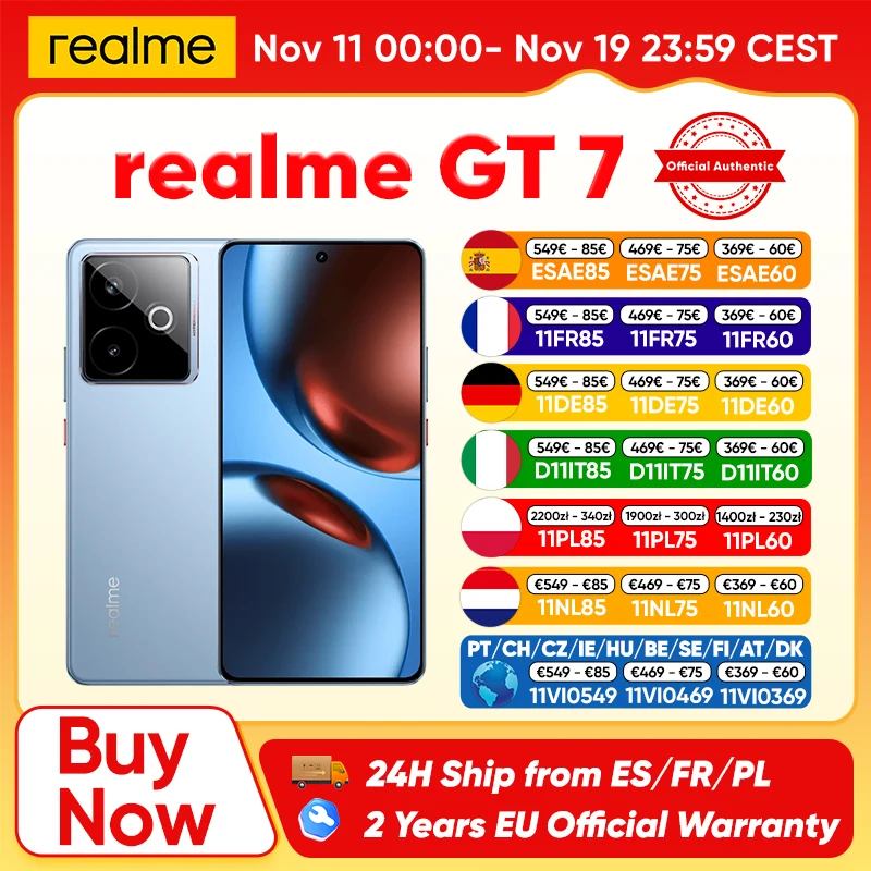 Version mondiale realme GT 7 5G AI Smartphone MTK Dimensity 9400e 6000nits Pro-Esports Display 7000 mAh Battery 120W Ultra Charge