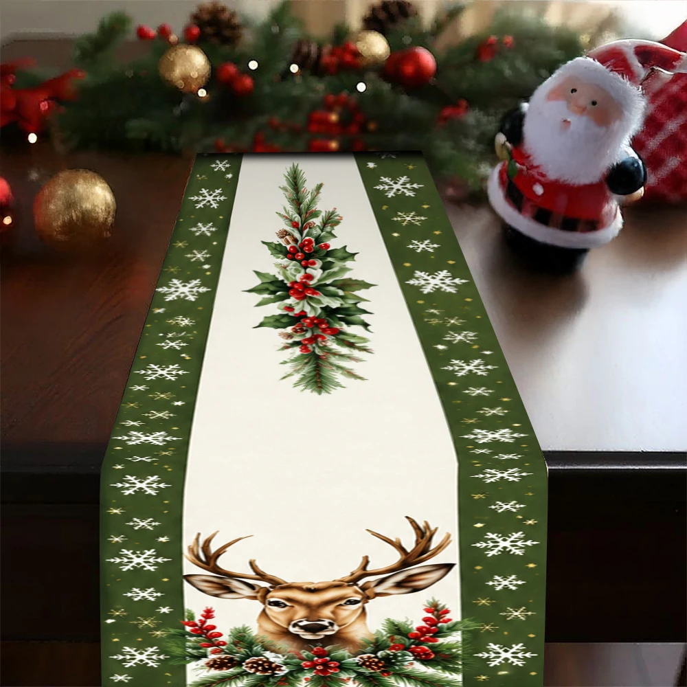 Christmas Table Runner Deer Head Snowflake Pine Berry Pattern Xmas Tablecloth for Dining Table Holiday Party Farmhouse Home