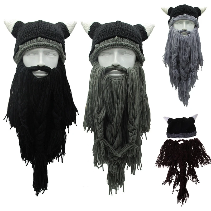 Y1UB Funny Beard Beanie Horn Hat Exquisite Halloween Party Cosplay Accessories Ear for Protection Cap Warm-Winter Wool