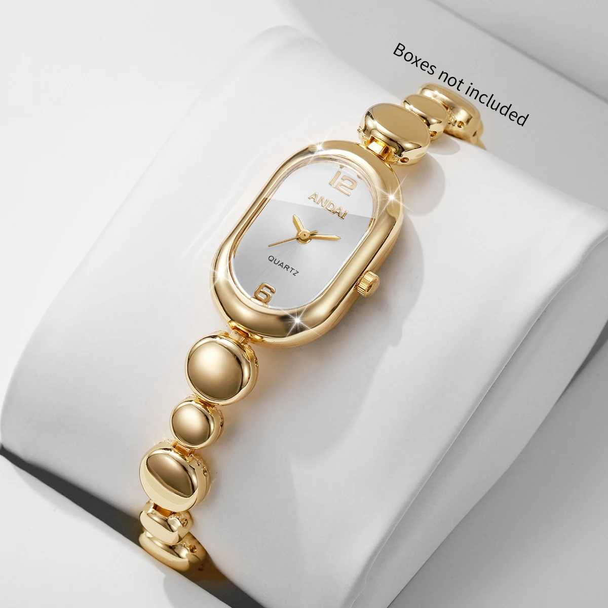 Elegant Women Quartz Watch Oval Dial Gold Beaded Bracelet Wristwatch Fashion Ladies Dress Clock Relogio Feminino (Without Box)