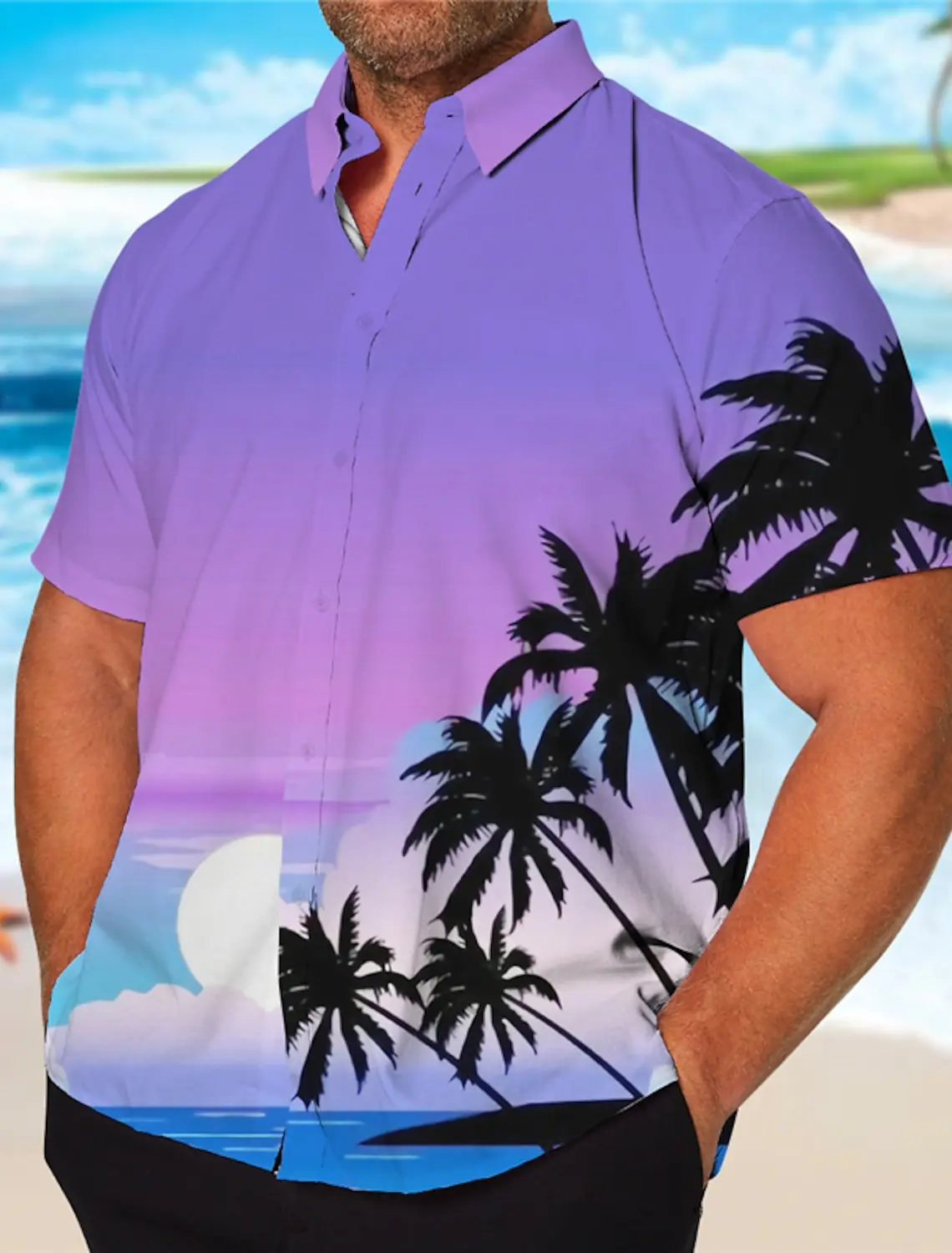 Chemise hawaïenne AMP Tree pour homme, chemise à manches courtes, boutons colorés, plage, fête, rue, palmiers, mode d\'été, violet