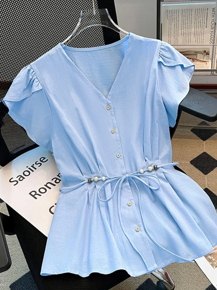 Slimming V-Ne ort Sve irt Women's Summer Self-Preservation Sle Belted Korean Version Loose Fit Button Decorated Top