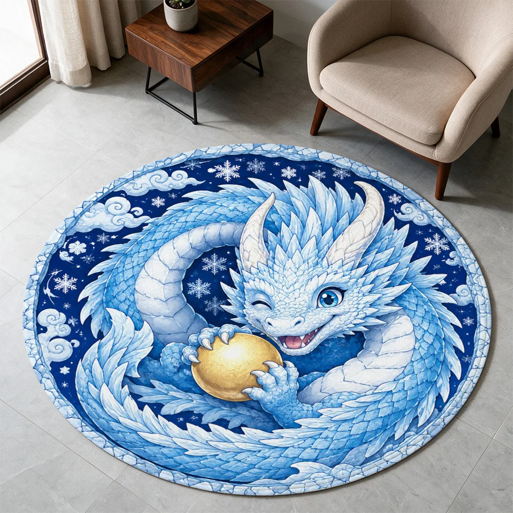Cute Blue Dragon Steaming Hot Stone Round Area Rug for Living Room Nursery Kids Play Mat Floor Decor