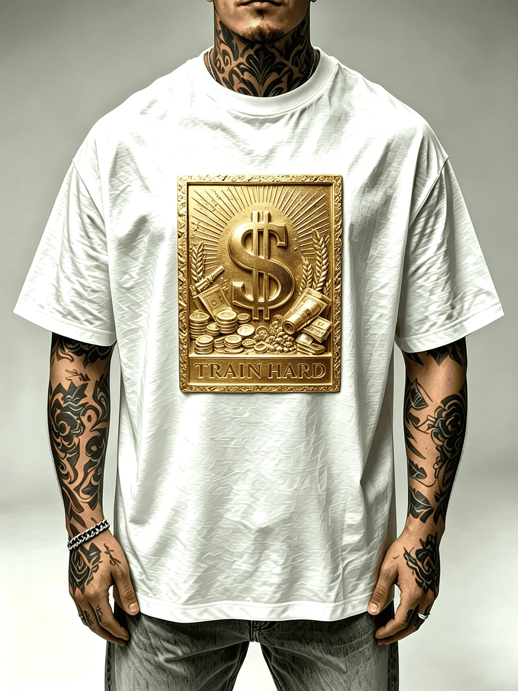 Main Title: Men Women Dollar Symbol Gold Embossed Graphic T Shirt TRAIN HARD Vintage Money Coin Print Oversized Crew Neck Short Sleeve Streetwear Tee