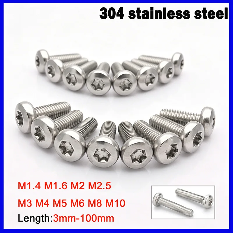 Leijiu 1-50pcs 304 Stainless Steel Six-lobe Torx Button Screws Special-shaped Bolts M1.4 M1.6 M2 M2.5 M3~m10 Length: 3 Mm–100 Mm