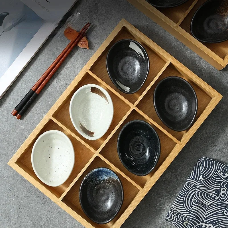 Bamboo and Wood Nine Grid Tray Set Japanese Sushi Barbecue Side Dish Divided Dim Sum Plates