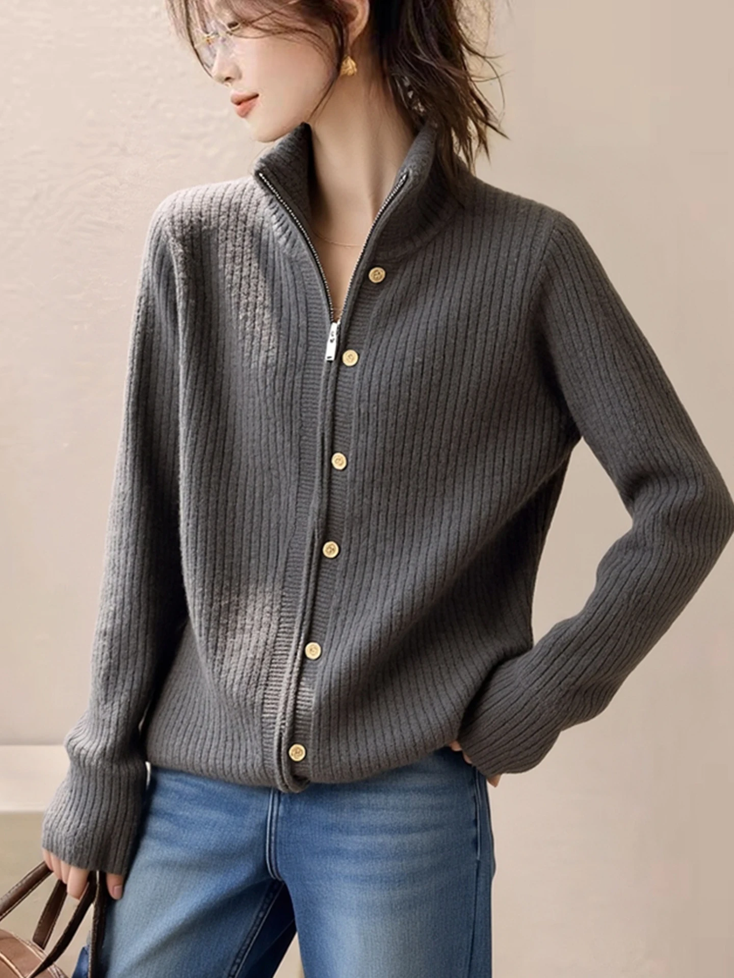 الشتاء الكورية Sle سترة مشغولة من الصوف سستة طويلة Sve ey الراقية تخفيف المرأة Faion Ele ملابس خارجية #3